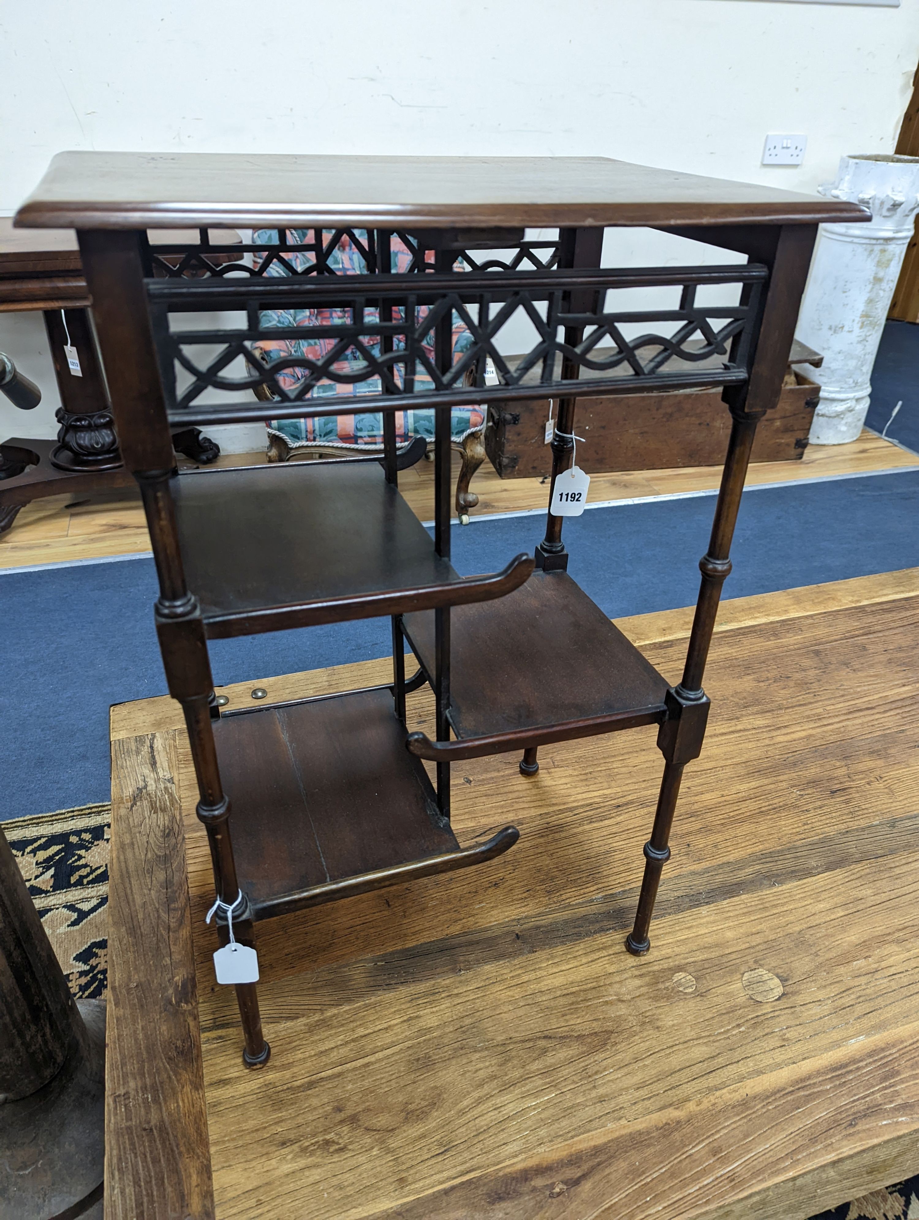 A Victorian aesthetic movement chinoiserie occasional table, in the manner of EW Godwin, width 46.5cm, depth 34.5cm, height 68.5cm